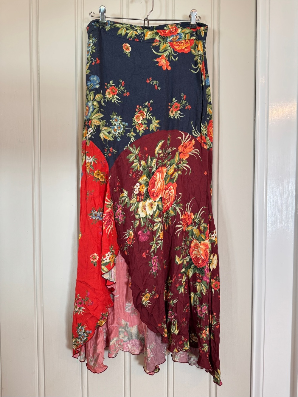 Floral Farm Rio Small Mix-Panel Maxi Skirt Navy Burgundy Red Bohemian